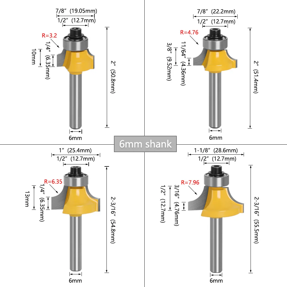 1PC 1/4 6.35MM 6MM Shank Milling Cutter Wood Carving Corner Round Over Router Bit with Bearing Woodworking Tool Tungsten Carbide