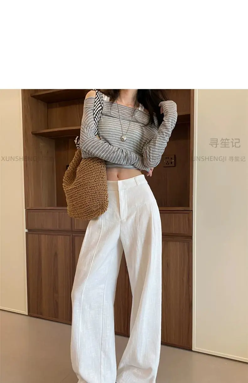 White Ramie Wide-leg Pants Women's Summer Thin High Waist Drape Old Money Style Suit Straight Sub-cotton and Linen Casual Pants
