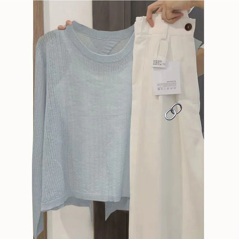 

Summer Casual Loose Long Sleeve round Neck Women's Set Soft Style Streetwear Top And Loose Pants Three Piece Ensemble