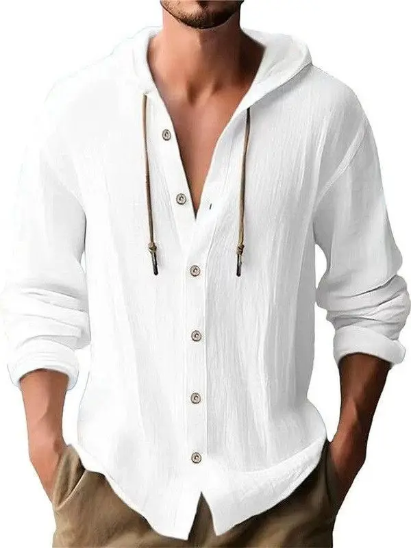 

Men's Casual Cotton Linen irt Dstring Hooded Long Sve Loose Fit Beach Outerwear Thin Cardigan Pure Color Youth Faion