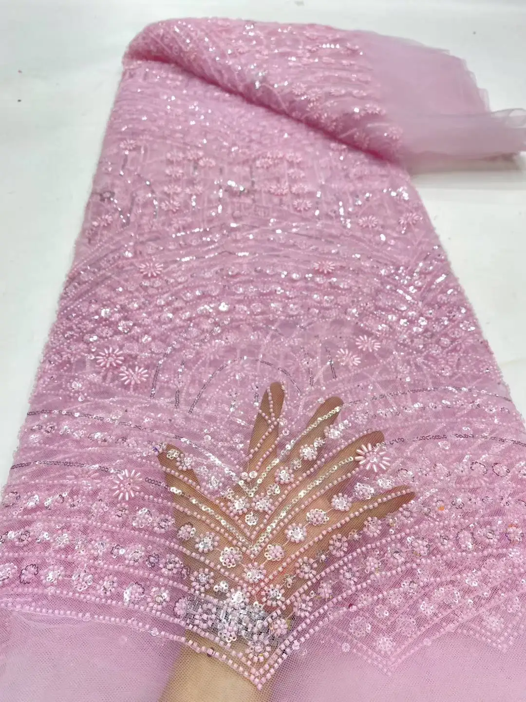 

African Heavy Beaded Lace Fabric 2025 High Quality Nigerian Sequin Lace French 3D Embroidered Flowers Tulle Fabric For Wedding