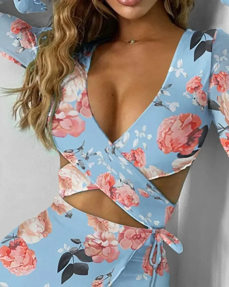 

Dress Summer 2021 Flower Printed Hollow Out Sexy Dresses Club New Women Long Sleeve Ruffles V-Neck Bandage Slim Dress Mini Robe