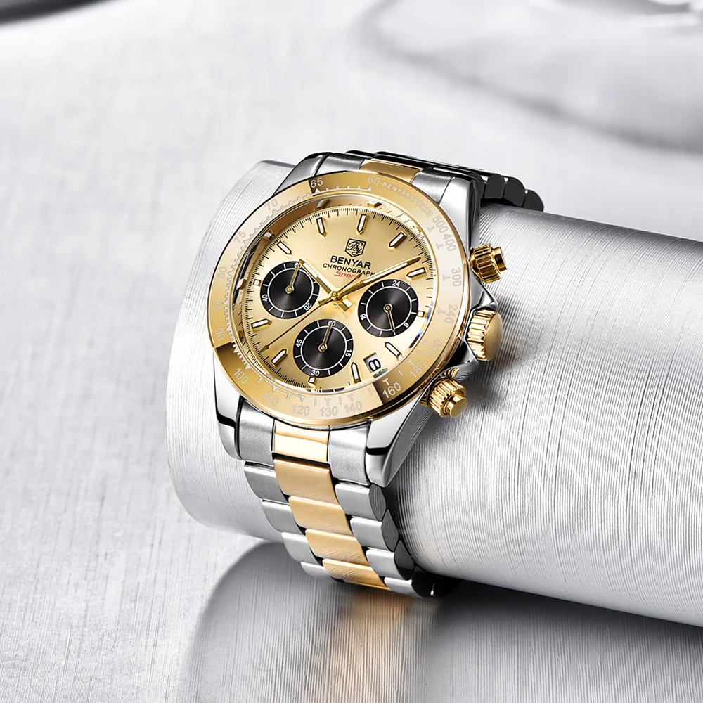 BENYAR ساعة عصرية فاخرة رياضية مضيئة متعددة الوظائف رمز التوقيت ساعة ستانلس ستيل مقاومة للماء عسكرية للرجال