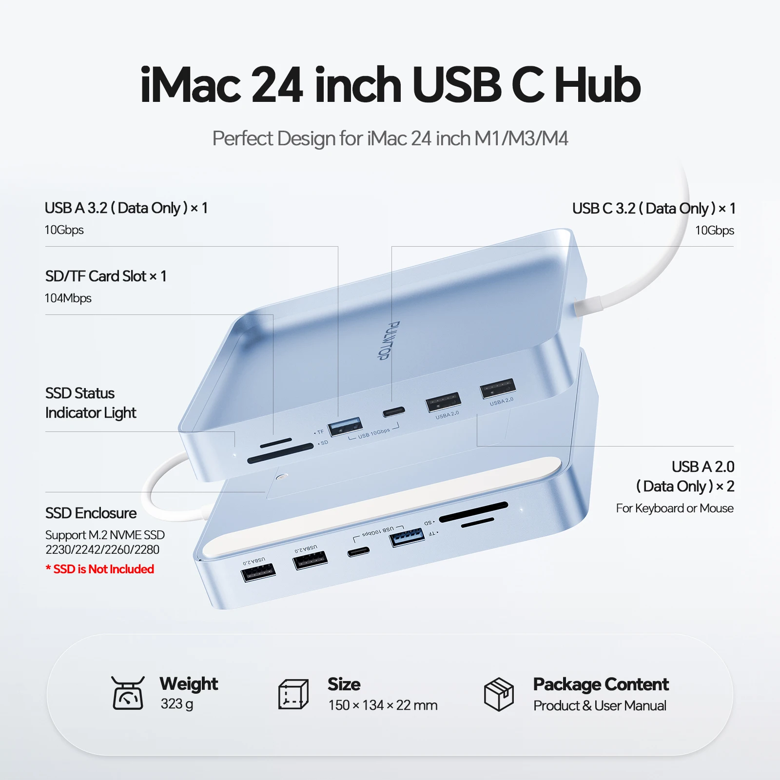 PULWTOP USB C 허브 iMac M1/M3/M4용 USB C 10Gbps, USB A SD/TF, 도킹 스테이션 지원 M.2 SSD 확장 (포함되지 않음)