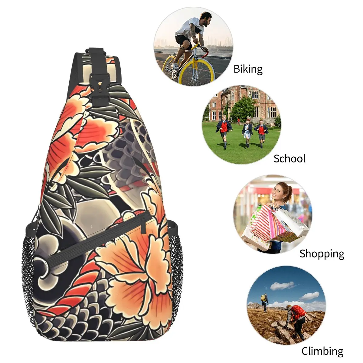 Japanese Art Tattoo Crossbody Bag Sports Snake Peonies Flower Ink Chest Bag Unisex Women Man Fashion Shoulder Backpacks Travel