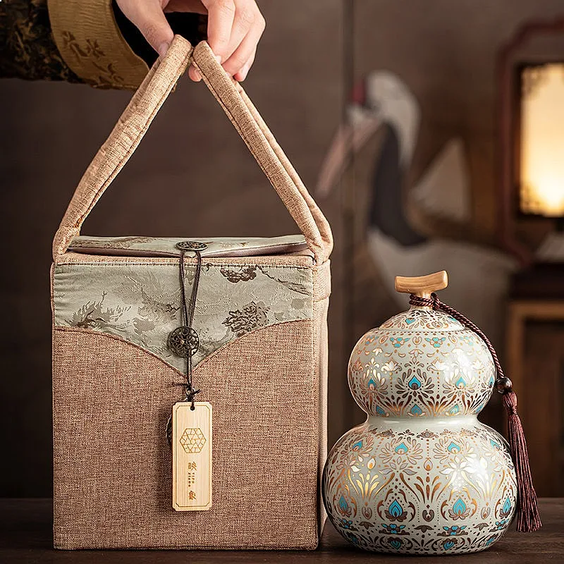 Ru Kiln Ceramic Gourd Tea Canister Airtight Floral Storage Jar for Loose Leaf Gift