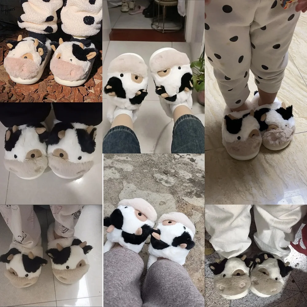 Parent-child cow slippers unisex adult baby cute animal plush shoes slip-on fur loafers dad mom children fluffy slippers