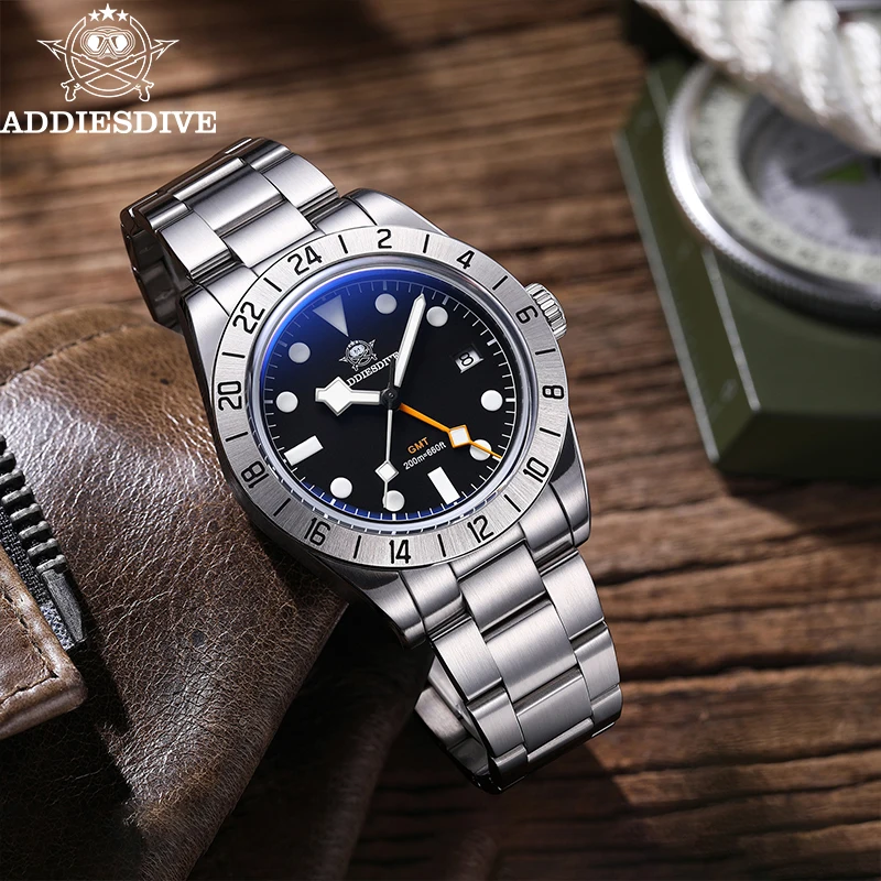Reloj de cuarzo ADDIESDIVE GMT para Hombre, Relojes deportivos superluminosos de 20bar para buceo, Reloj de pulsera de acero inoxidable de lujo AD2035, Reloj para Hombre