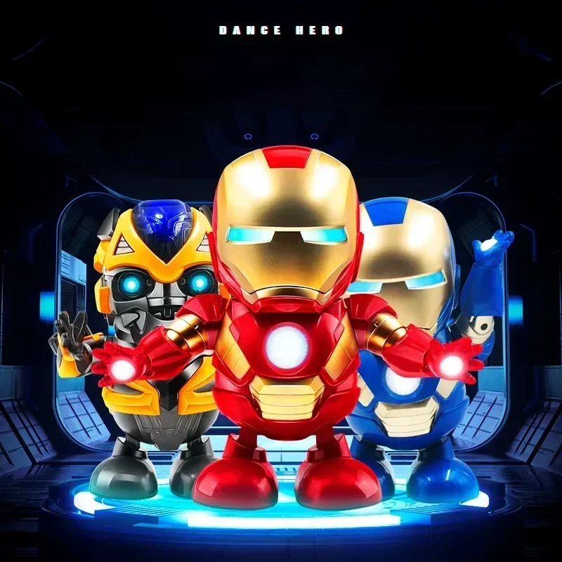 19cm Marvel Iron Man Dance Anime Action Figures Sing Sound Led Spiderman Avengers Ironman Super Heros Toy Children Gift Robot