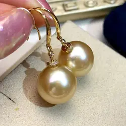 Gorgeous Huge AAAAA 10-11mm Round South Sea Golden Pearl Earring