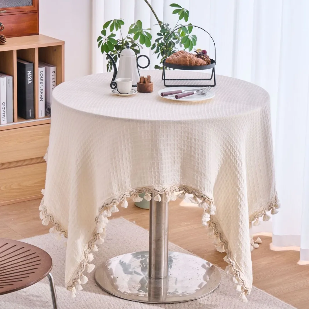 Europe Wedding Events Party Favor Waffle Creamy White Tablecloth Thick Home Hotel Decor Solid Table Cloth Cover With Tassel