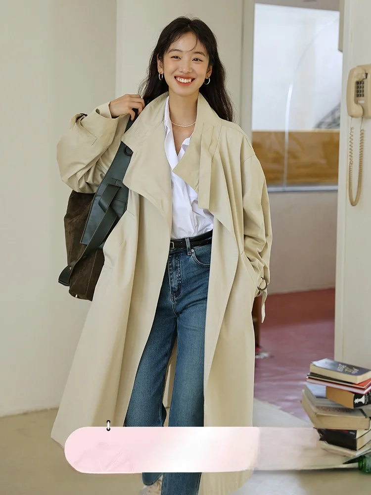 

Sauce Khaki Stand Collar Midi Coat Women's 2024 High Quali Outerwear A-Line ape Long Sve Cotton Commute Sle