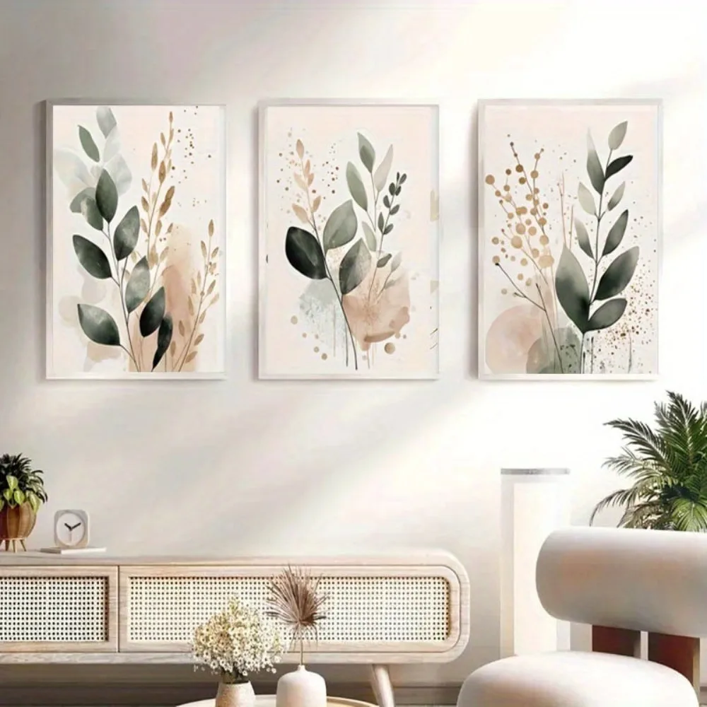 3-teiliger Rahmenloser Minimalistischer Bohemian Leinwanddruck, Abstraktes Nordisches Design mit Salbeigrünen Blättern, Ideal für Moderne Wohnräume