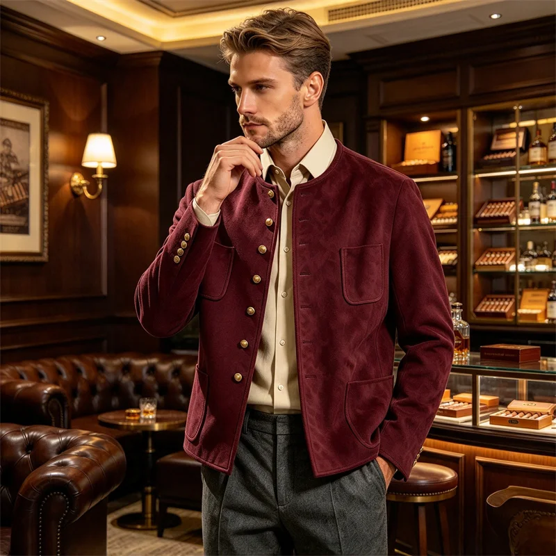  ﻿ Men's Vintage Faux Suede Blazer Collarless Single Breasted Casual Jacket Multi Pockets Slim For Daily Business Party Wear