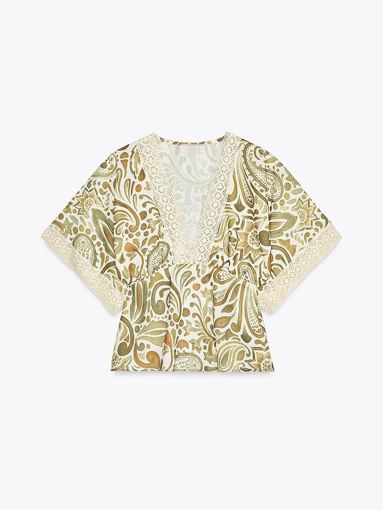 

New Summer Women's irt Printed ort Sve V-Ne Hook Needle Decoration Layer Wide Sve Commute Sle 00% Other Material