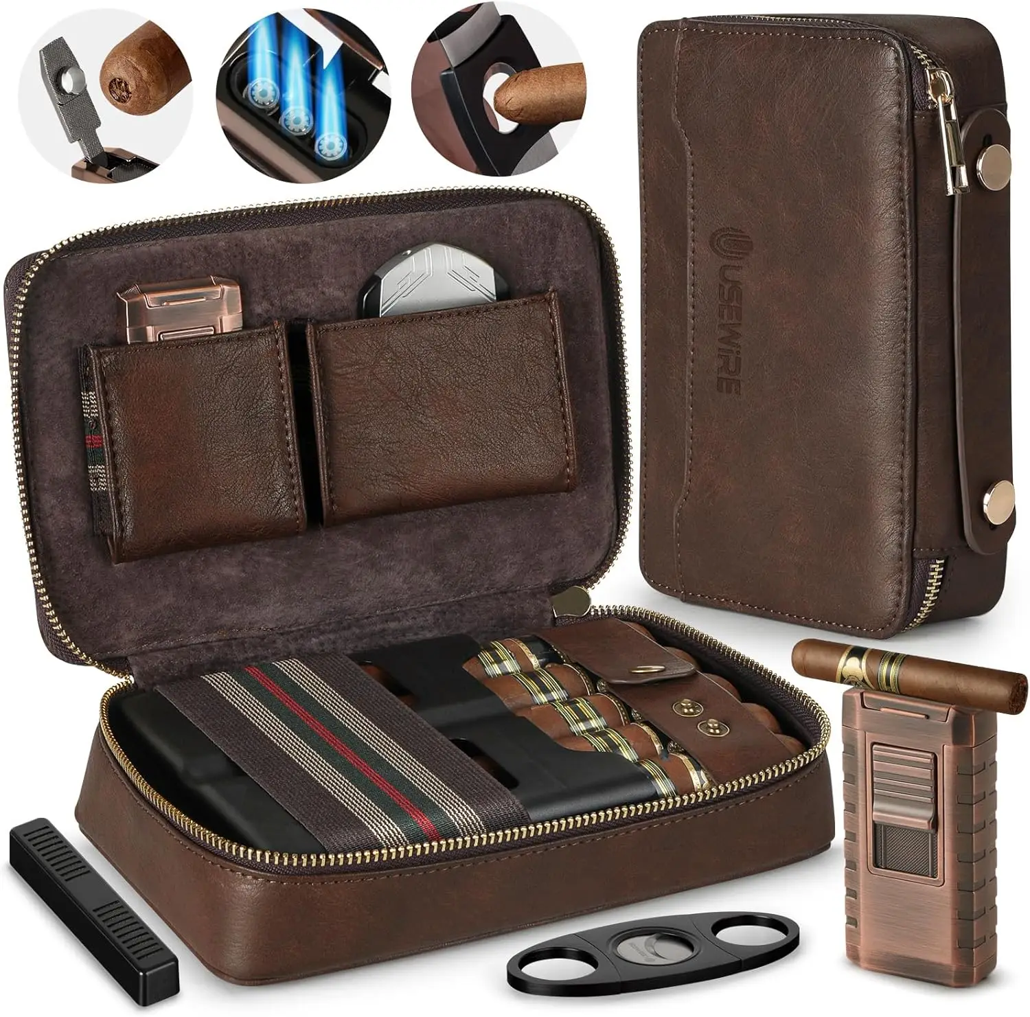 

Leather Portable Travel Cigar Humidor Case, with Cigar Lighter and Cutter, Holds 5 Cigars, Cigar Accessories for Men, No Butane
