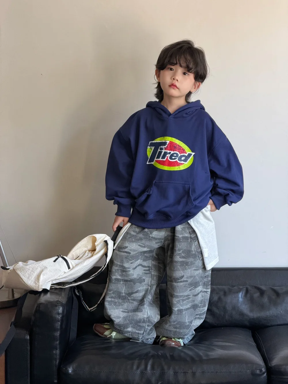 Boys Suit 2026 Spring and Autumn New Childrens Wear Korean Boys and Girls Letter Hoodie Wash Camouflage Wide Leg Pants Two Sets