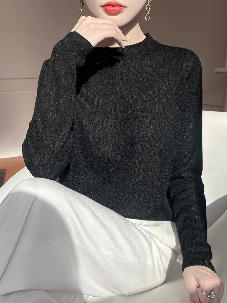 Primavera 2025 feminino pesado bordado longo sve f gola alta base irt sli malhas roupa interior commute sle