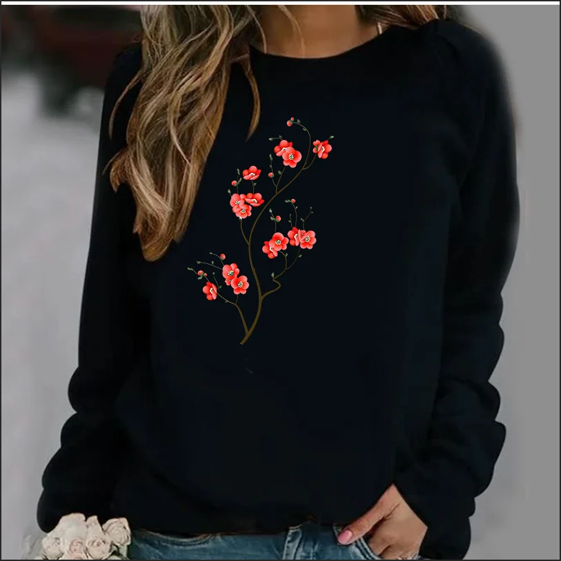 New Women's Hoodie European  Natural Flower Printed Crew-neck Hoodie Sweatshirt  Streetwear Women Aesthetic