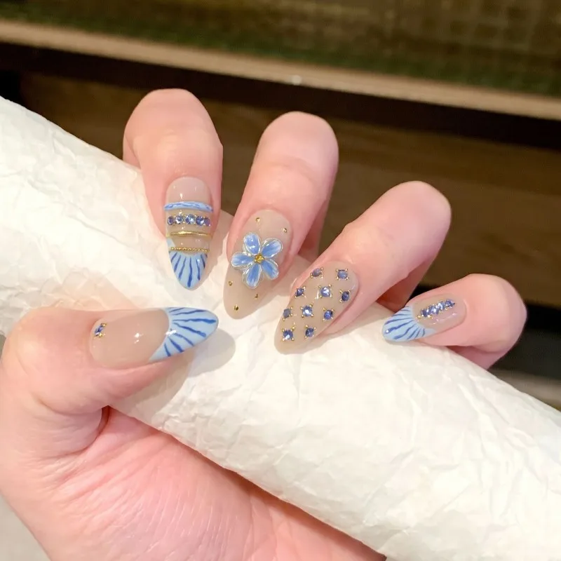 10pcs Handmade Nails Hand-painted Blue French-style Rhinestone Nails with Porcelain-style Floral Designs Press-on Nails