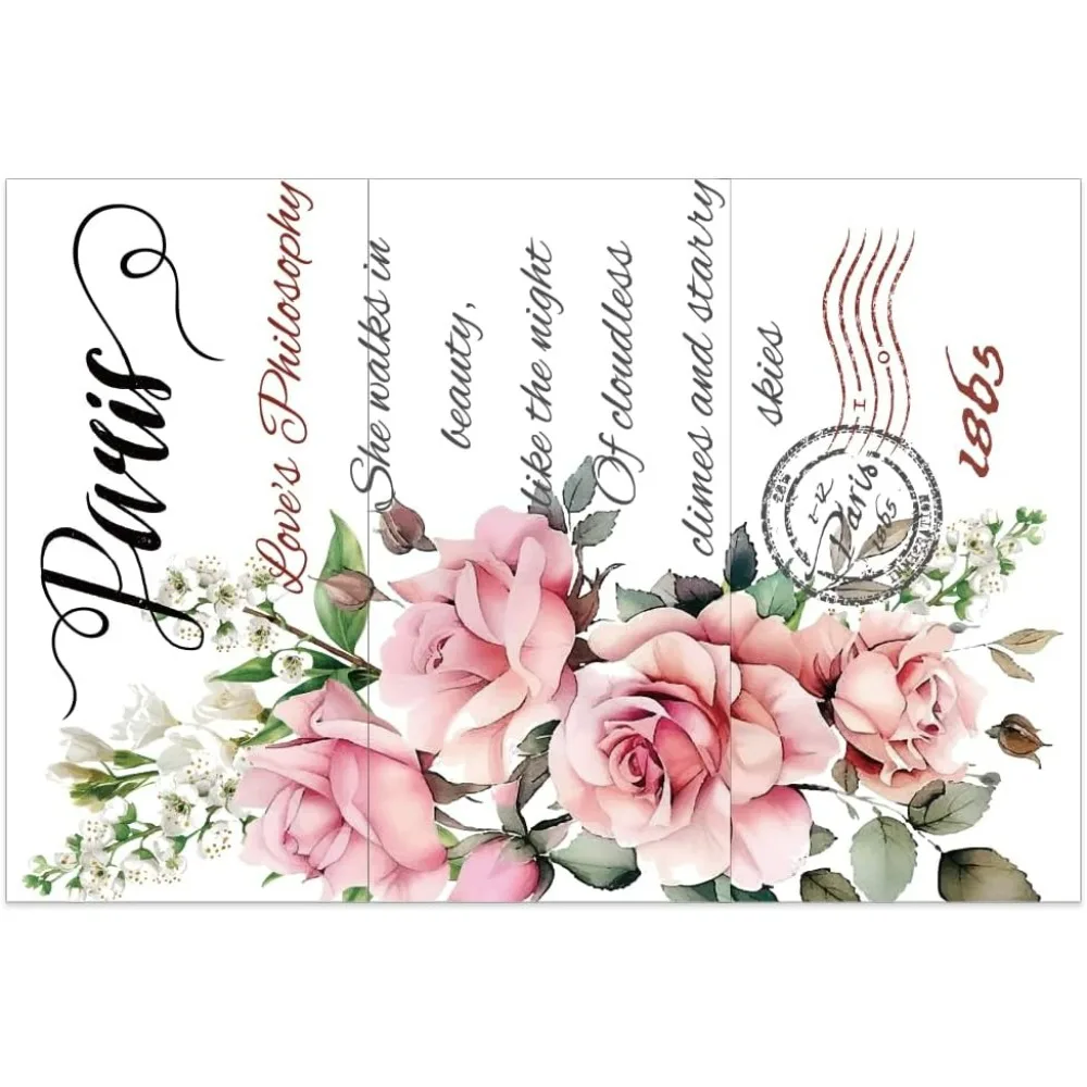 

3pcs/Set Vintage Pink Rose Rub on Transfers for Furniture 6x12 inch Inch Transfer Stickers with Flower and Word Waterproof
