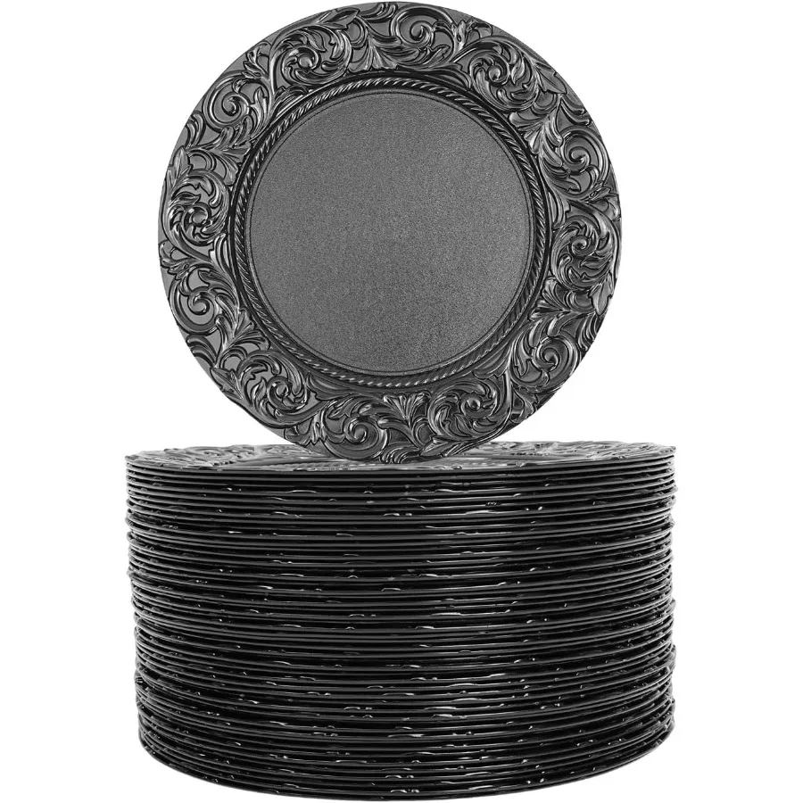 

100 шт. черные круглые тарелки для зарядного устройства оптом, 13-дюймовые многоразовые антикварные тарелки для зарядного устройства, набор пластиковых тарелок с тиснением для столового набора