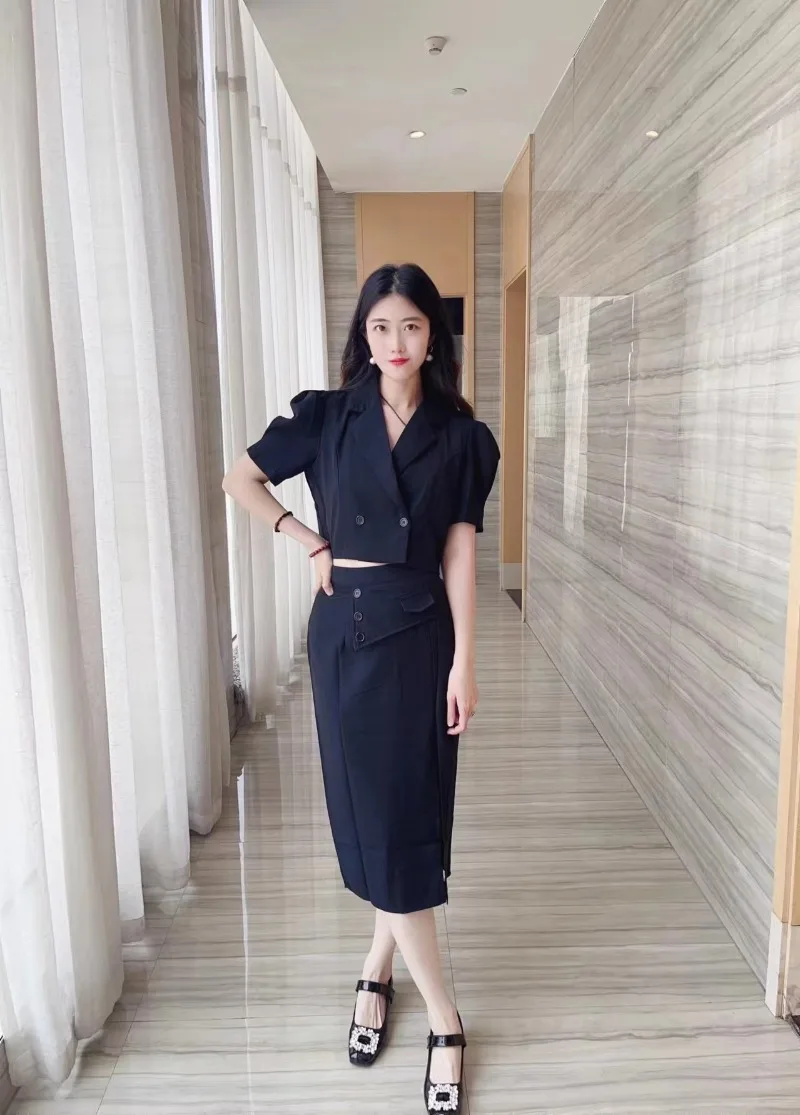 Office Lady Casual Commute Dress Suits Summer Women Single Breasted Short Sleeve Blazers High Waist Split Dress Two Piece Set