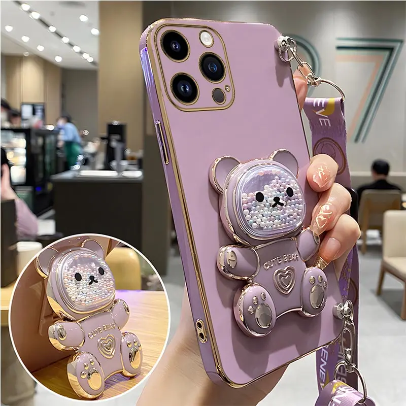 Quicksand Bear Holder Lanyard Phone Case For iPhone 15 14 11 12 13 Pro Max Mini 8 7 6 Plus 10 X Xr Xs Max SE Strap Stand Cover