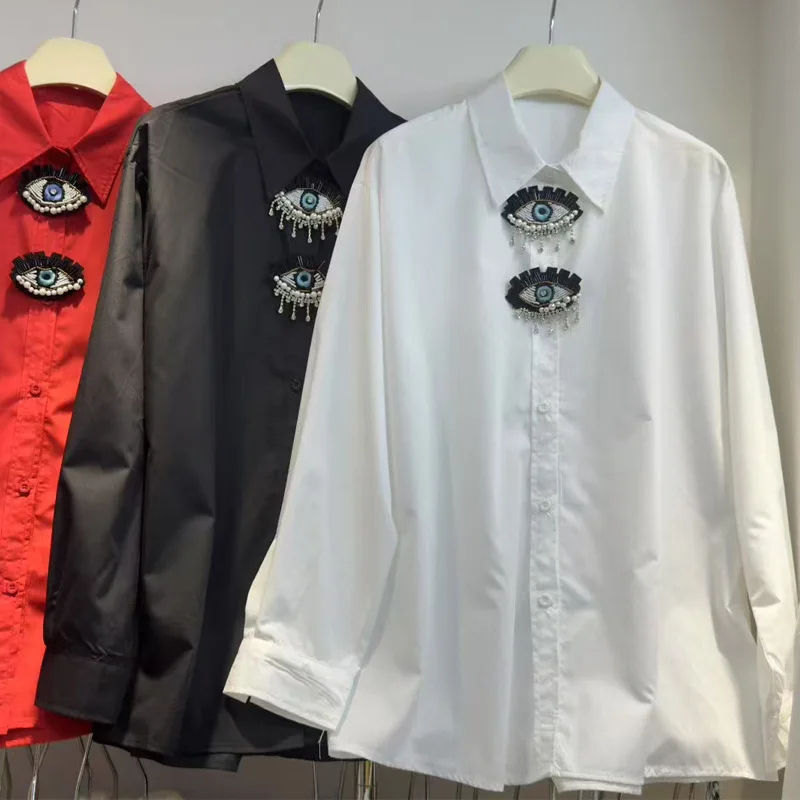 2025 Autumn Elegant White Shirt Top Cute Cartoon Eyes High-end Beaded Personality Long Sleeve Blouse for Women Camisas De Mujer