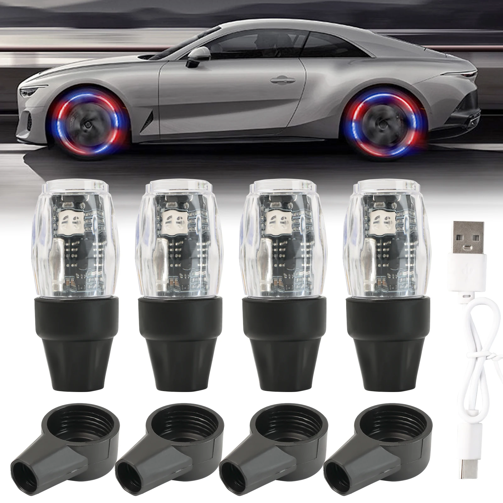 LED Car Motorcycle Air Nozzle Decorative Light Colorful Vibration Sensor USB Charging Auto Wheel Tire Valve Cap Hub Ambient Lamp