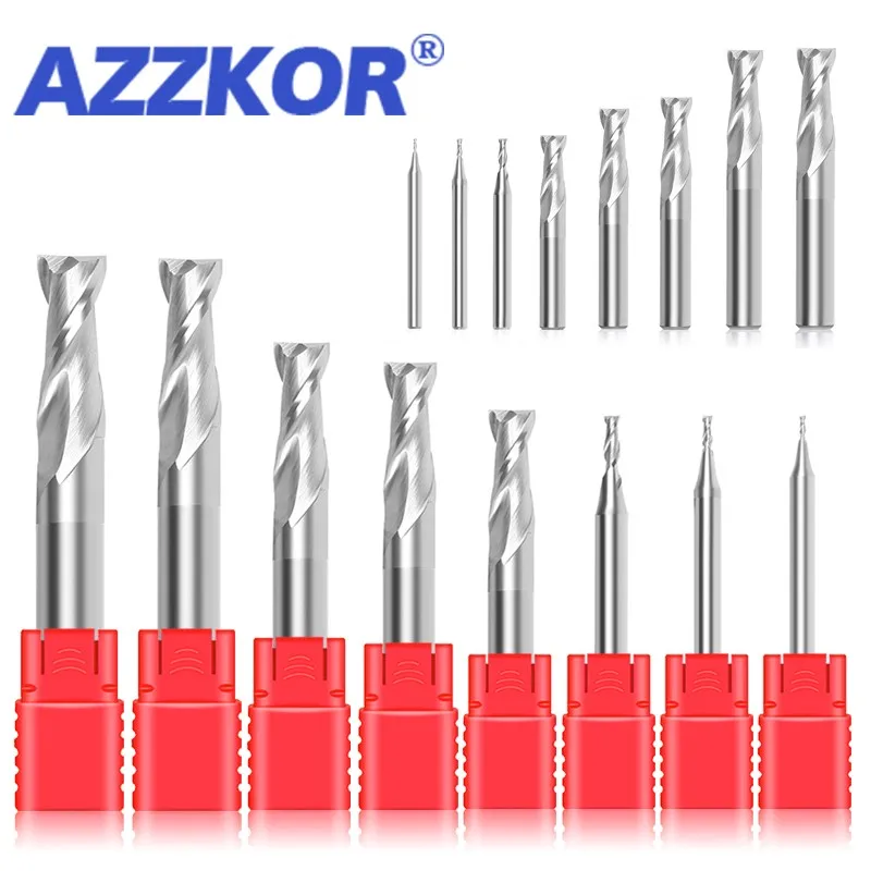 AZZKOR HRC55 2-Flute Endmills 1.0mm-12.0mm 11-Piece-Set For Aluminum Tungsten Steel Milling Cutter CNC Machining End Mill Tools