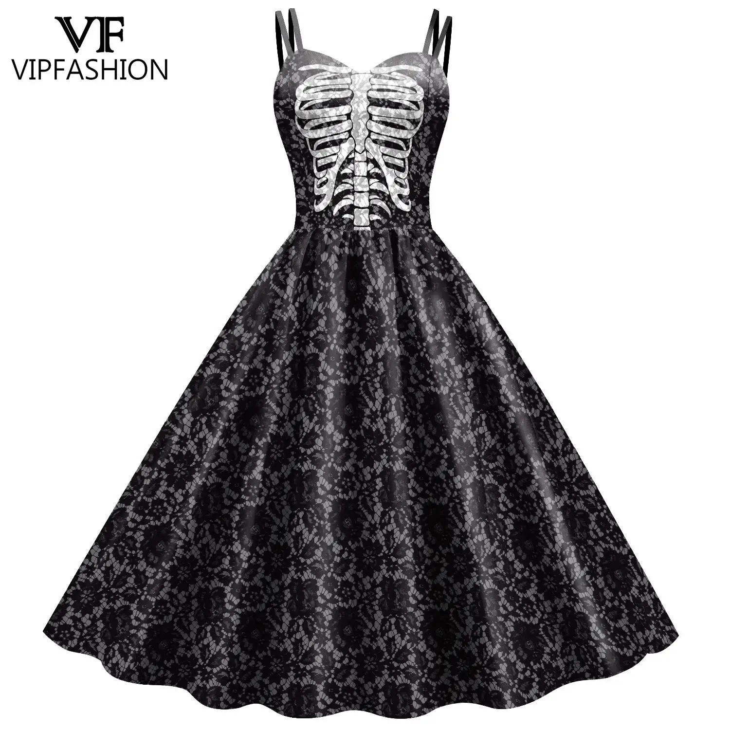 VIP FASHION Woman Dress Halloween Skeleton Sling Dresses Girls Sexy Cosplay Costume Strap Carnival Scary Party Outfit Show Wear