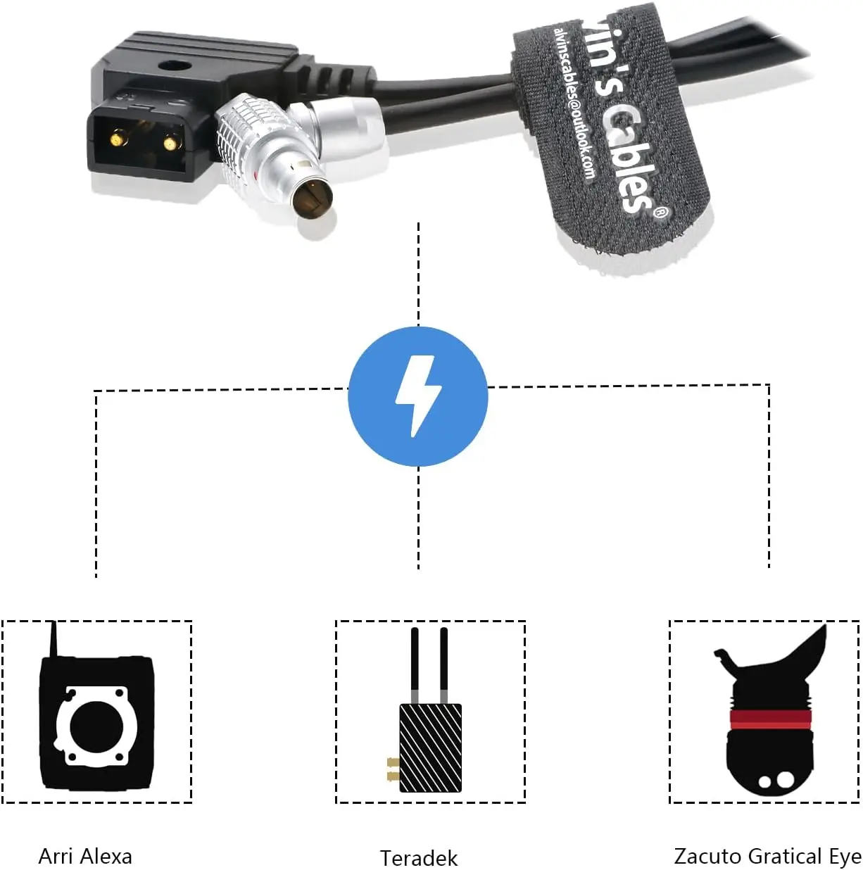 

Прямоугольный кабель питания D-Tap с 2-контактным разъемом — связь с болтом Teradek и монитором SmallHD (45 см/18 дюймов), от кабелей Alvin ​