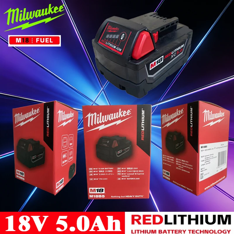 

18V 5000mAh Milwaukee red Li-ion Battery, Rechargeable Power Tool Battery for Milwaukee M18 Series 48-11-1850 with Fuel Gauge
