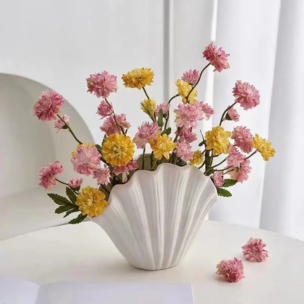White Vinyl Shell Flower Vase Modern Pleated Flower Holder Container Home Office Table Centerpiece Decorative Floral Plants Vase