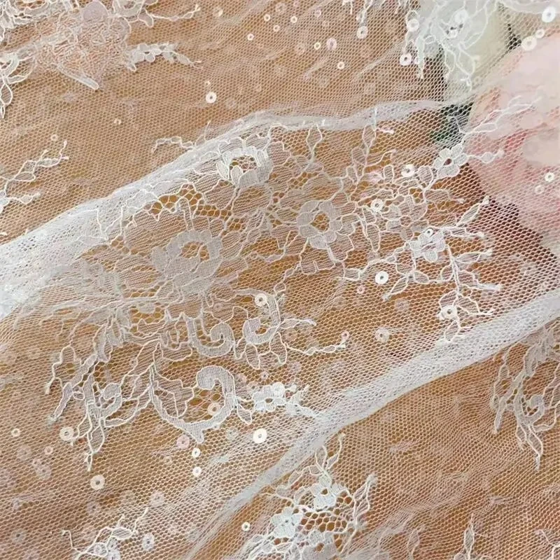

5M/Pack.Sparkling Sequins Embroidered on Woven Thin Lace Fabric.Bottom Layer Shirt,Wedding Dress Clothing Sewing DIY Fabrics