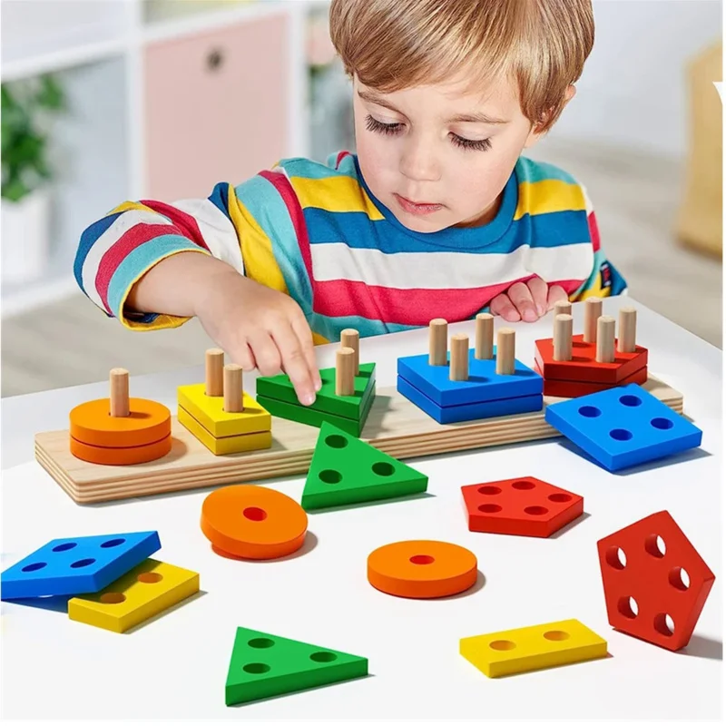 Montessori teaching aids wooden geometric shape columns five sets children cognitive building blocks matching educational toys