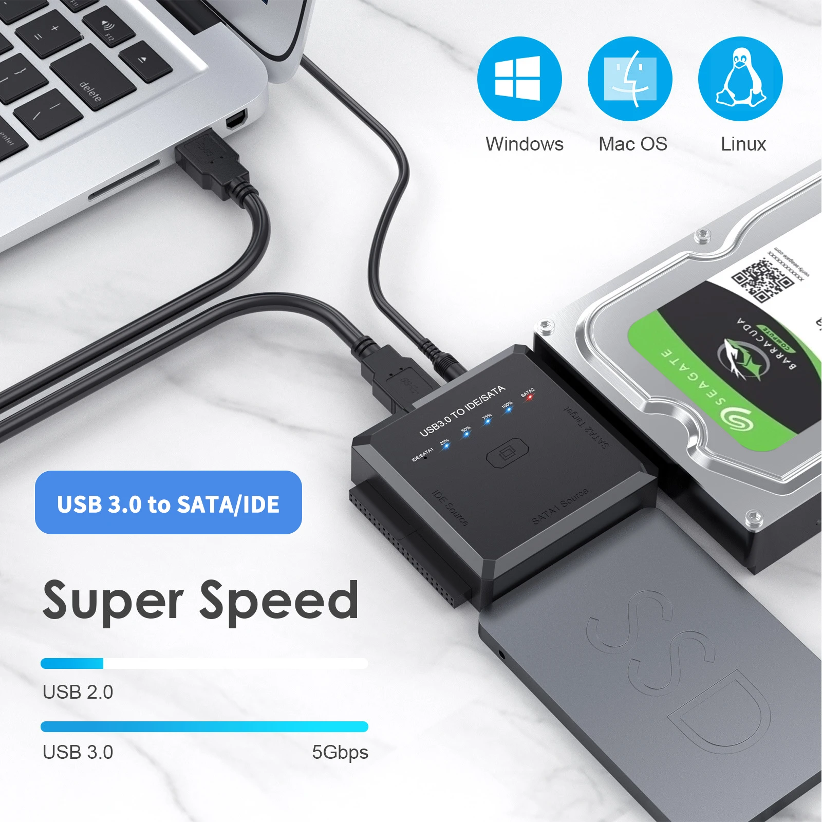 5gbps USB 3.0 do IDE/Adapter SATA, pasuje do 2.5/3.5 Cal dysk twardy, HDD, zewnętrzny konwerter SSD, wtyczka EU/US/UK/AU do opcjonalnego