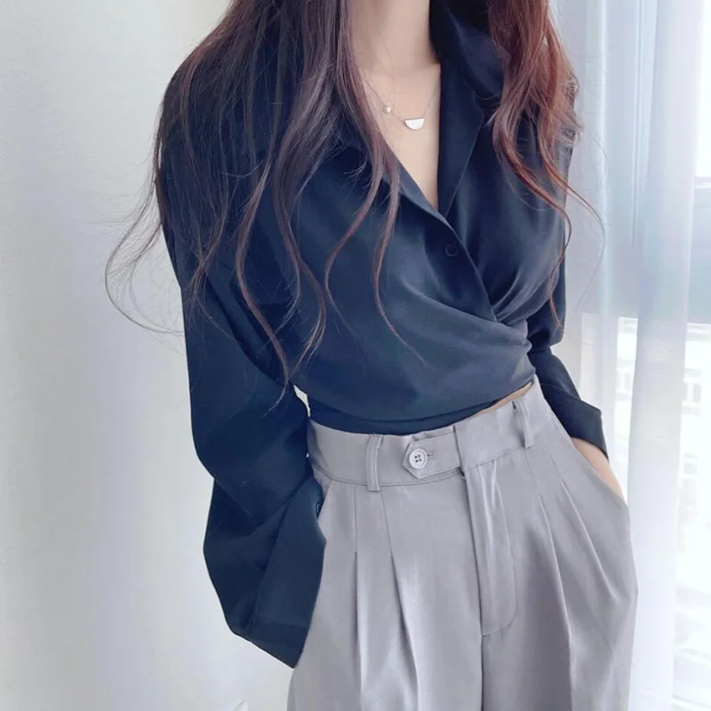 Sexy Crop Tops Fashion Blouse Long Sleeve Shirt New Office Lady Blouses Korean Style Slim Top Summer Short Tops Women Clothes