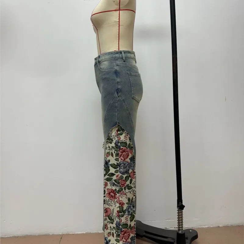 2026 Vintage Flared Pants Pant Street Wind Jean Jeans For Woman Casual Hot Girl Style Slim Floral Print Patchwork Trendy Fashion