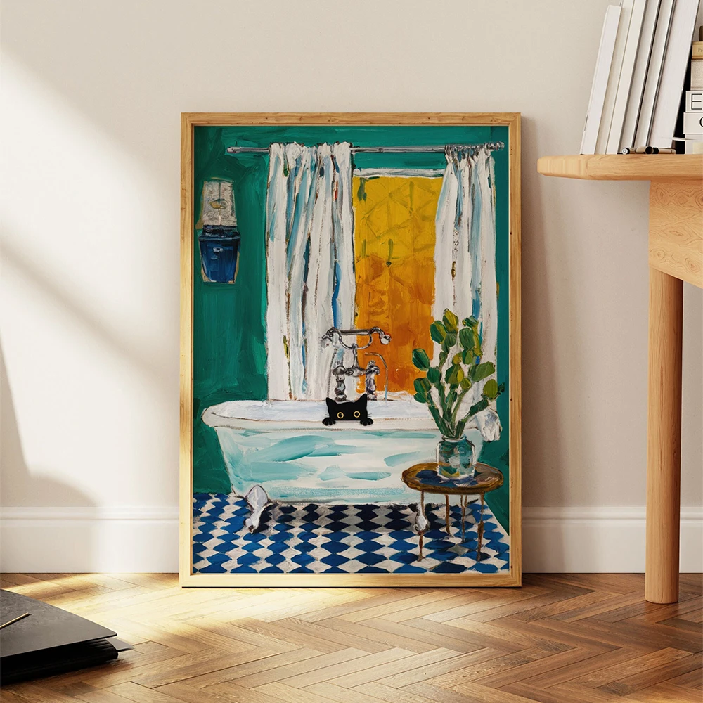 Bath Cat Print Peekaboo Funny Cat Pooping Matisse Painting Poster Wall Decor Toilet Bathroom Bathtube Wall Art Canvas Painting