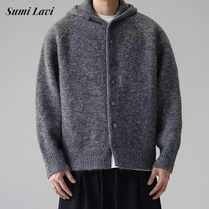 

Fashionable Mens Solid Color Knit Cardigans Spring Vintage Button-up Hooded Sweater Jacket Coat Men Casual Knitting Sweatercoats