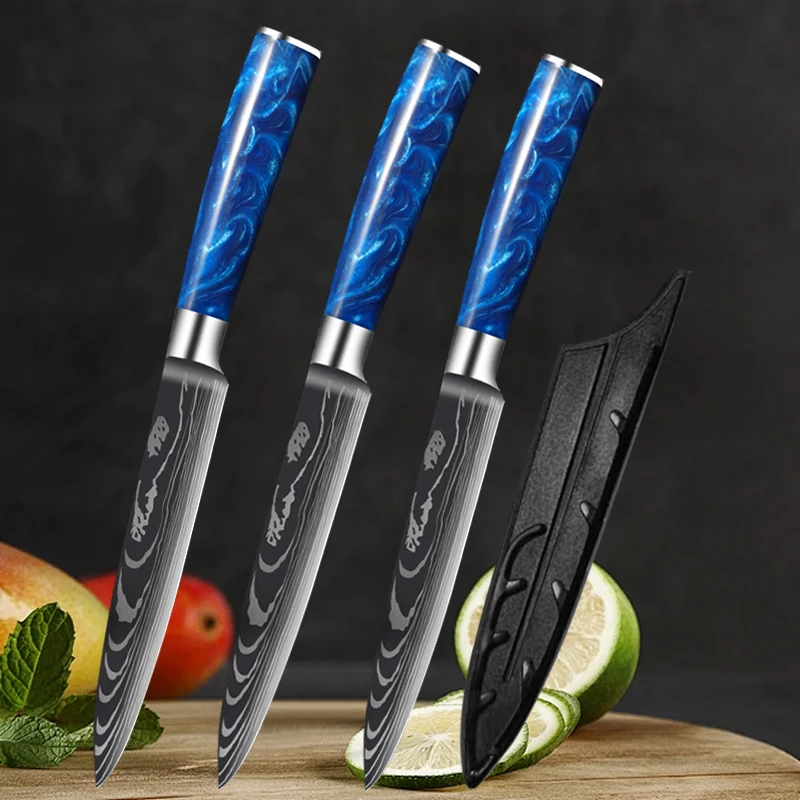 

Damascus Pattern Fruit Peeling Knife Butcher's Boning Knife with Blue Resin Handle 7Cr17Mov Stainless Steel 5inch Utility Knives