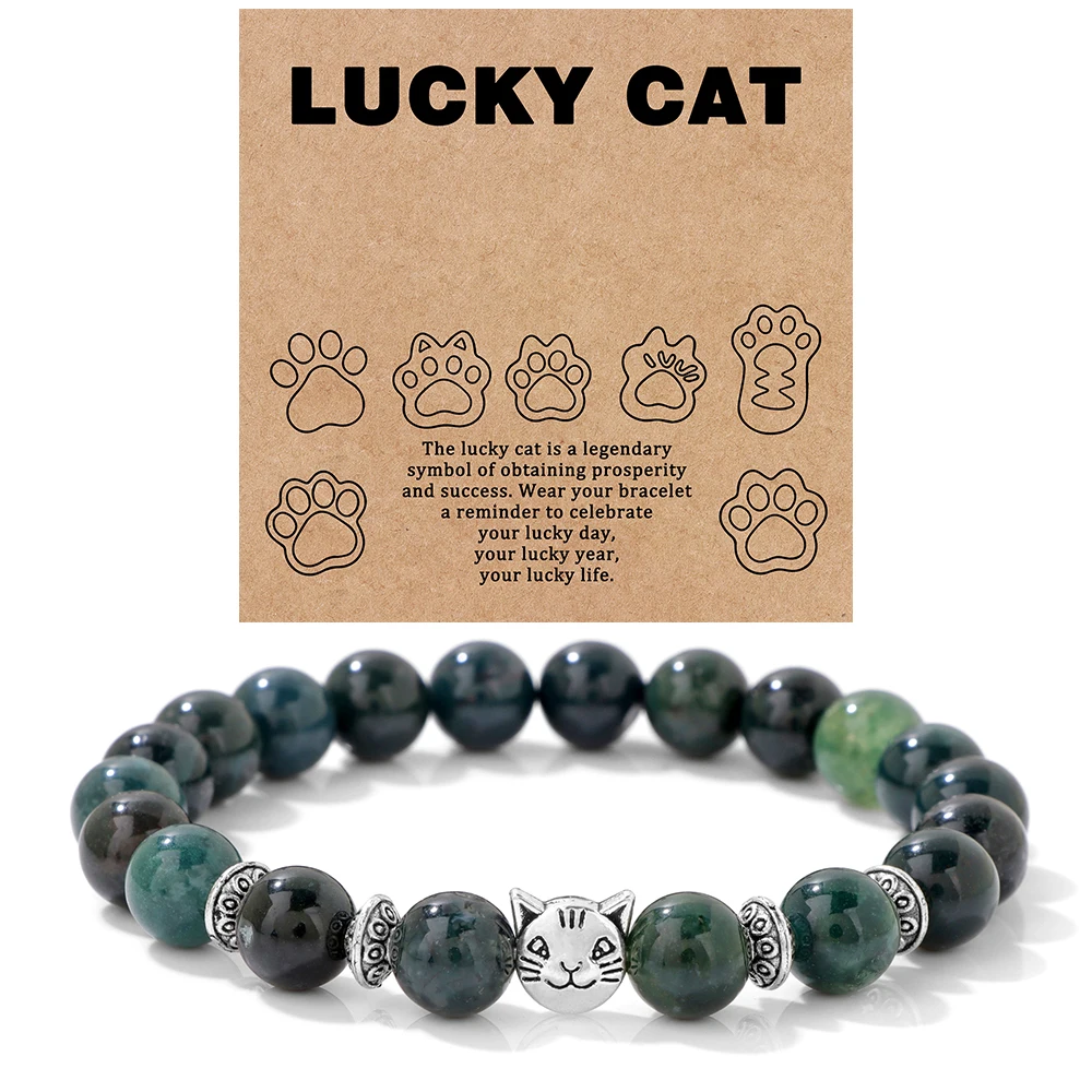 8mm Turquoise Beaded Lucky Cat Bracelet Vintage Cat Head Paw Print Charm Bracelets for Women Men Energy Jewelry Gift