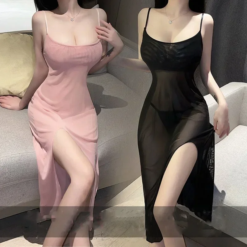 Hot Sale Sexy Suspender Pajama Skirt Split Long Night Dress Transparent Long Mesh Sleep Dress Womens Nightgown Lingerie Dress