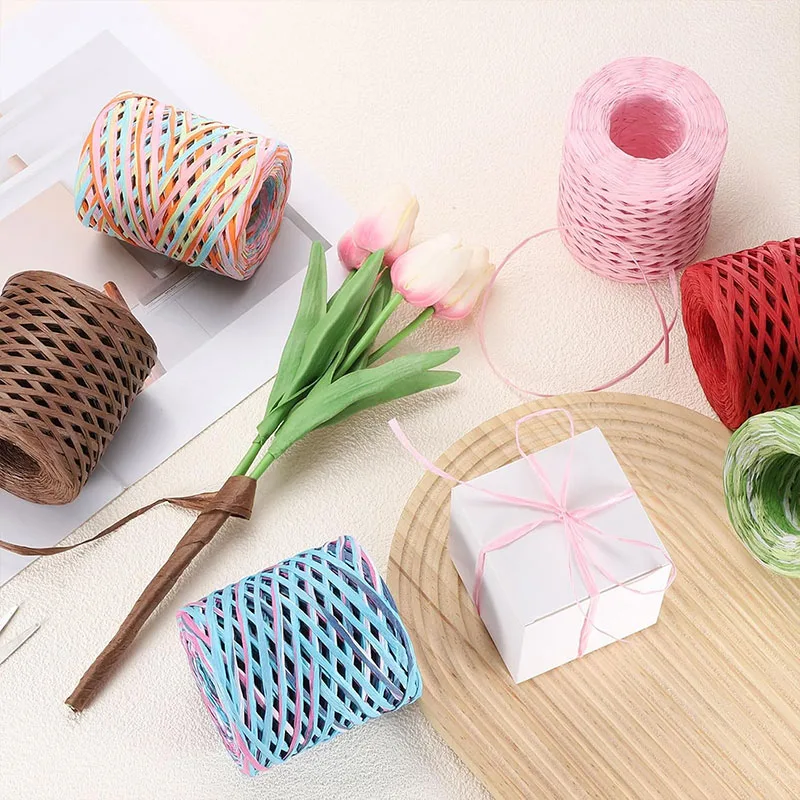 

218Yards/Roll Raffia Paper Ribbon Yarn Handmade Colored Knitted Rope Craft For Gift Packaging Home Wedding Party Decoration