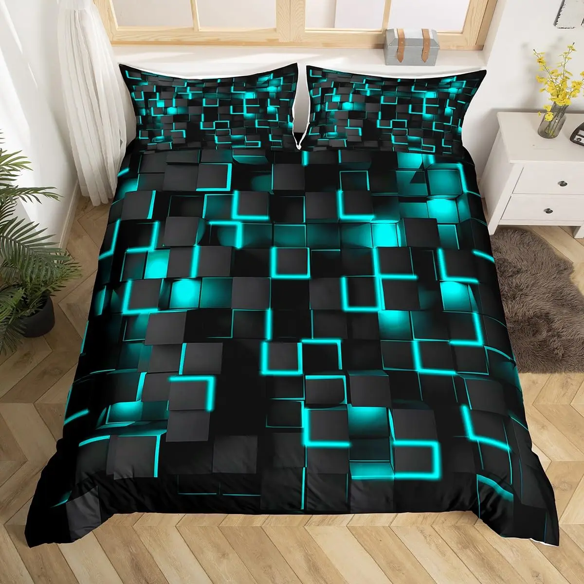 Light Blue and Black Bedding Duvet Cover Queen Light Geometric Bedding Set Geometry Comforter Cover Modern Style Quilt Cover