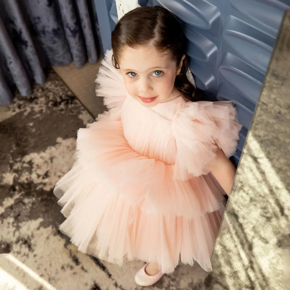 Robes de demoiselle d'honneur rose pêche, robe de Rhde première communion à plusieurs niveaux, robe en tulle à volants, robe de soirée d'anniversaire, robe de mariage pour enfants, longueur au genou