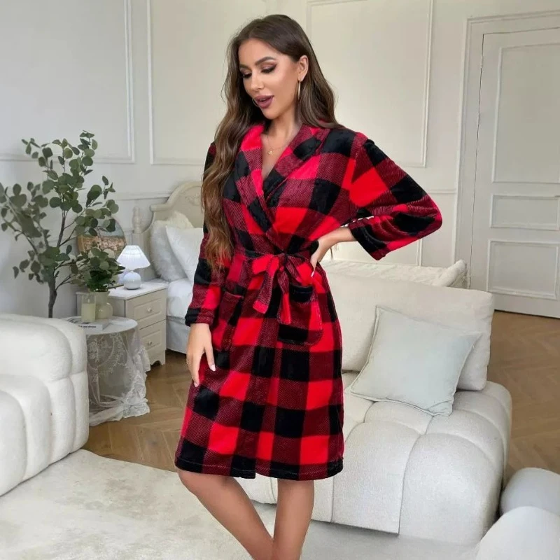 New Women's Long-Sleeved Flannel Bathrobes Pajamas with Lace-Up Design for Winter Plaid Printed Home wear XL Size