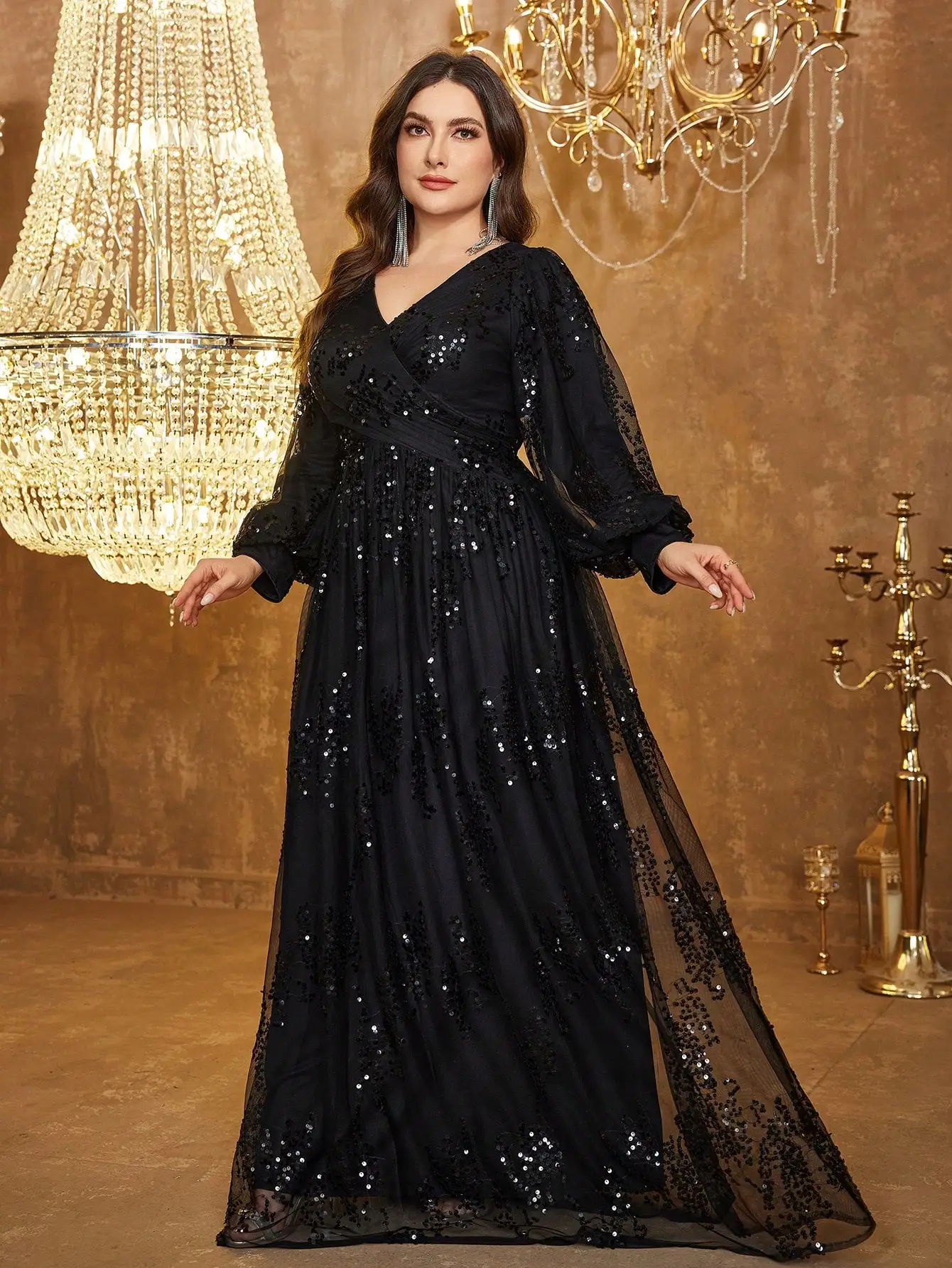 UNITHORSE [مقاس عشوائي] مقاس كبير للنساء بياقة على شكل V وأكمام واسعة ترتر مرقع أنيق فستان سهرة فورمي، فستان، لحفلات الزفاف